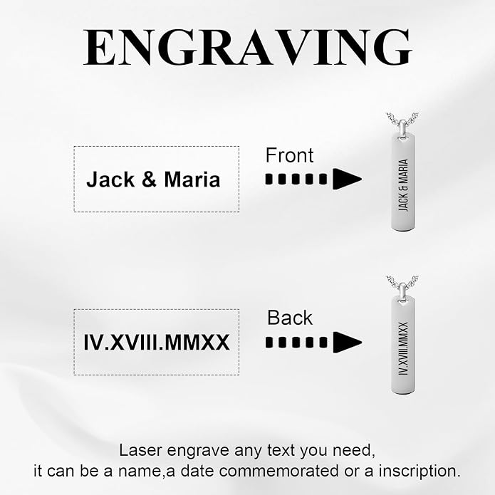 Fathers Day Personalized Vertical Bar Pendant Necklace - Custom Name Text Necklace Customized Stainless Steel Memorial Necklace Dad Gifts for Men