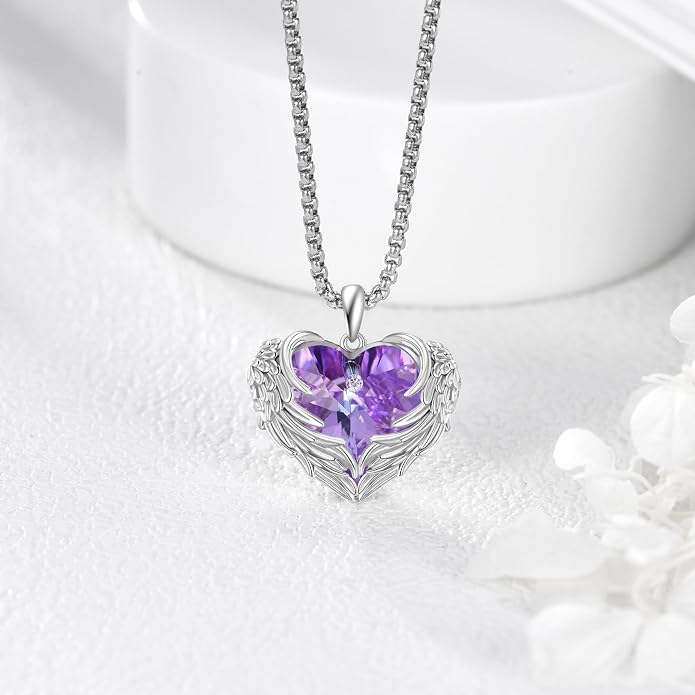 Angel Wings Necklace for Women 925 Sterling Silver Birthstone Guardian Necklace Jewelry Angel Wings Moonstone, Crystal Pendant Jewelry Gifts