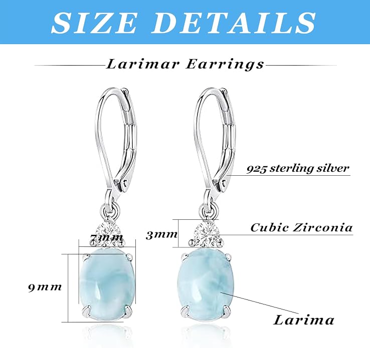 Larimar Dangle Earrings, 925 Sterling Silver Gemstone Larimar Drop Earrings for Women