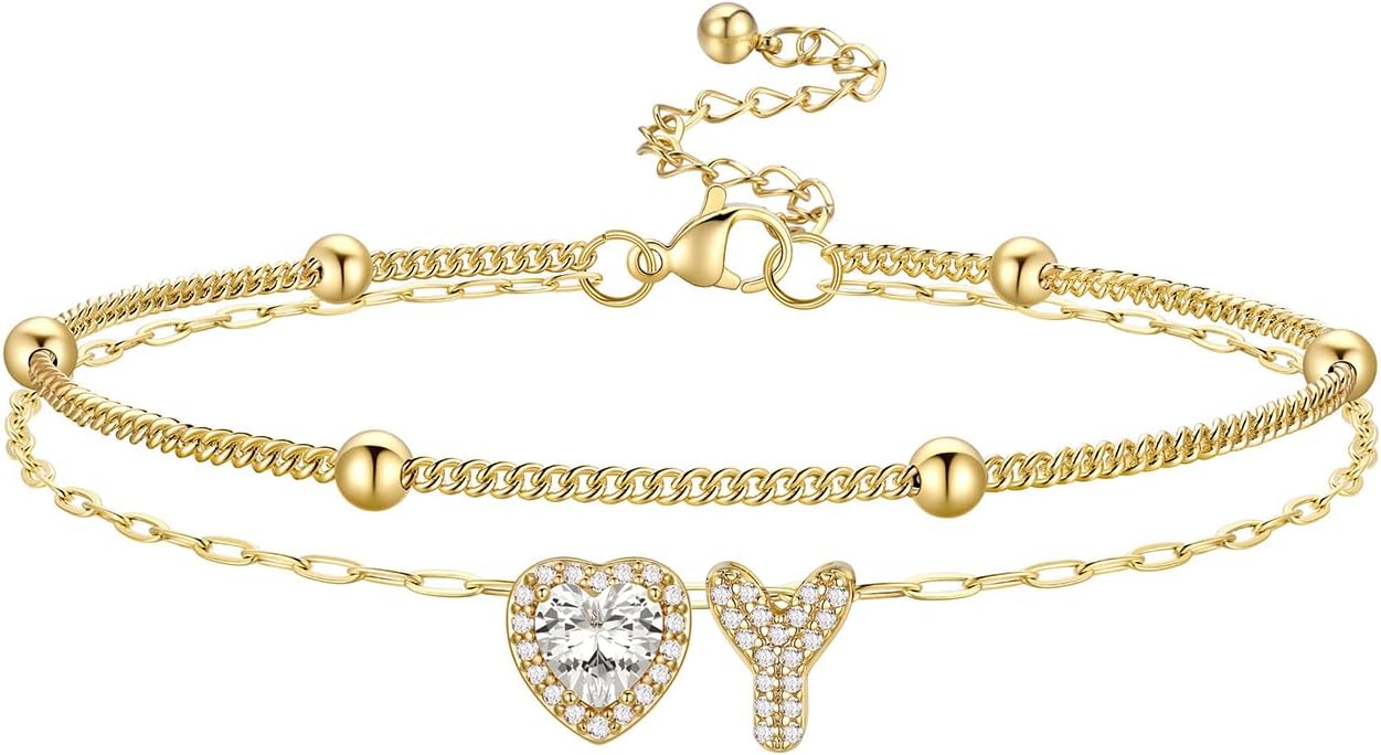 Bestyle Initial Anklet Bracelets for Women Waterproof Non Tarnish 14K Gold/White Gold Plated CZ Anklets for Women Dainty Layered Letter Heart Ankle Bracelets Adjustable Foot Chain Anklet