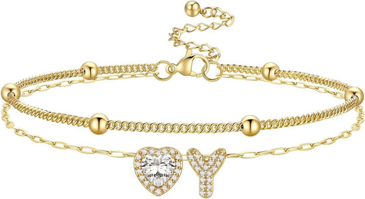 Bestyle Initial Anklet Bracelets for Women Waterproof Non Tarnish 14K Gold/White Gold Plated CZ Anklets for Women Dainty Layered Letter Heart Ankle Bracelets Adjustable Foot Chain Anklet