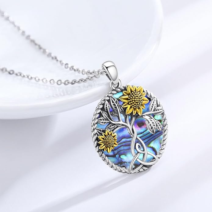 CHENGHONG Sunflower Necklace 925 Sterling Silver Tree of Life Necklace Daisy/Rose/Sunflower Pendant Necklace Sunflower Jewelry Gifts for Women Mom