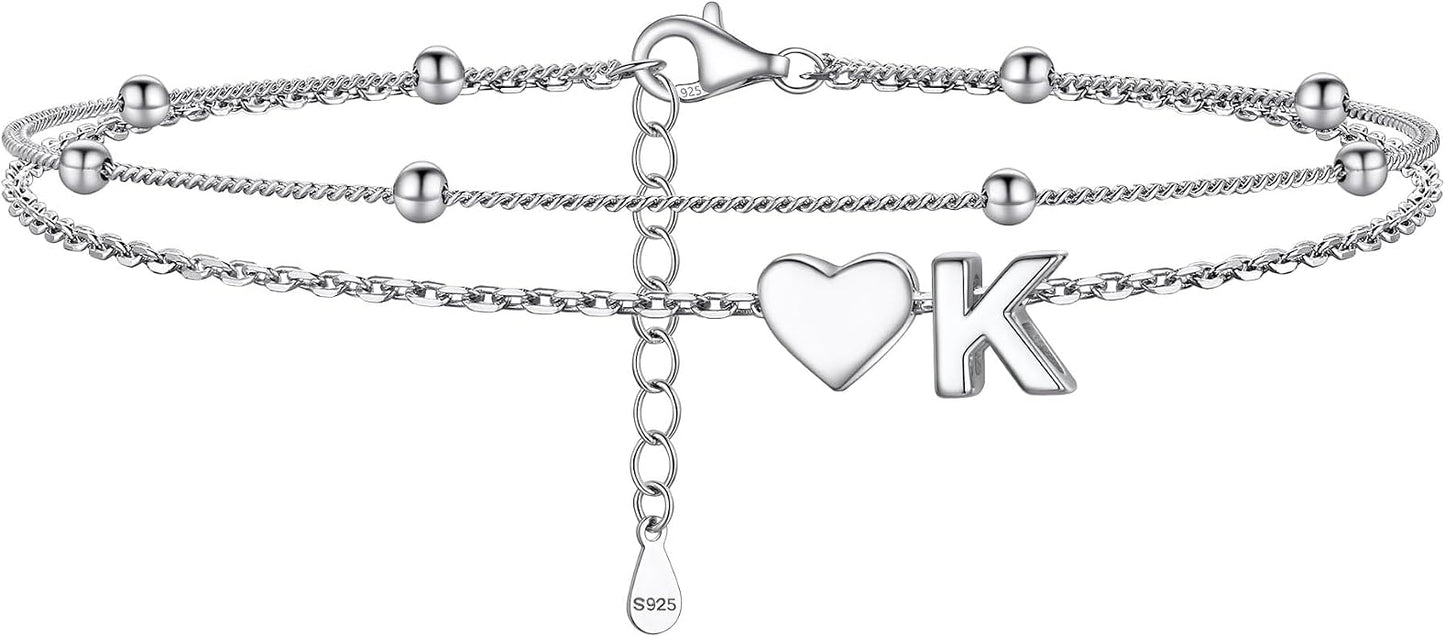 PROSILVER Ankle Bracelets for Women S925 Sterling Silver Anklets for Women Waterproof, Dainty Layered Heart Anklet, Beach Initial Anklet for Summer, Letter A-Z