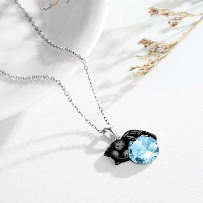 Cat Necklace Sterling Silver Cat Zircon Pendant Gothic Jewelry for Women Animal Lovers Gifts