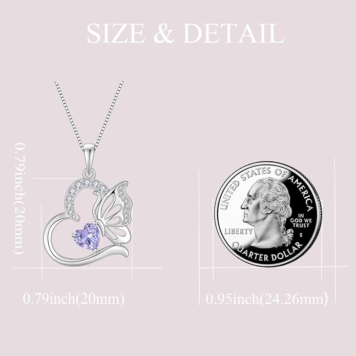 Butterfly Necklace for Women 925 Sterling Silver Heart Pendant Birthstones Jewelry Gift