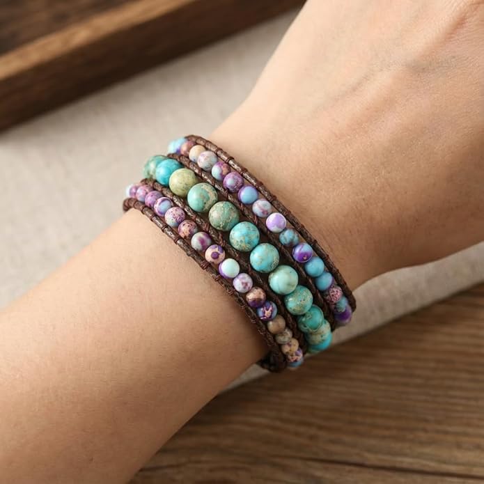 YGLINE Boho Handmade Natural Stone Bead 3 Row Wide Wrap Wrist Statment Bracelet Jewelry Collection