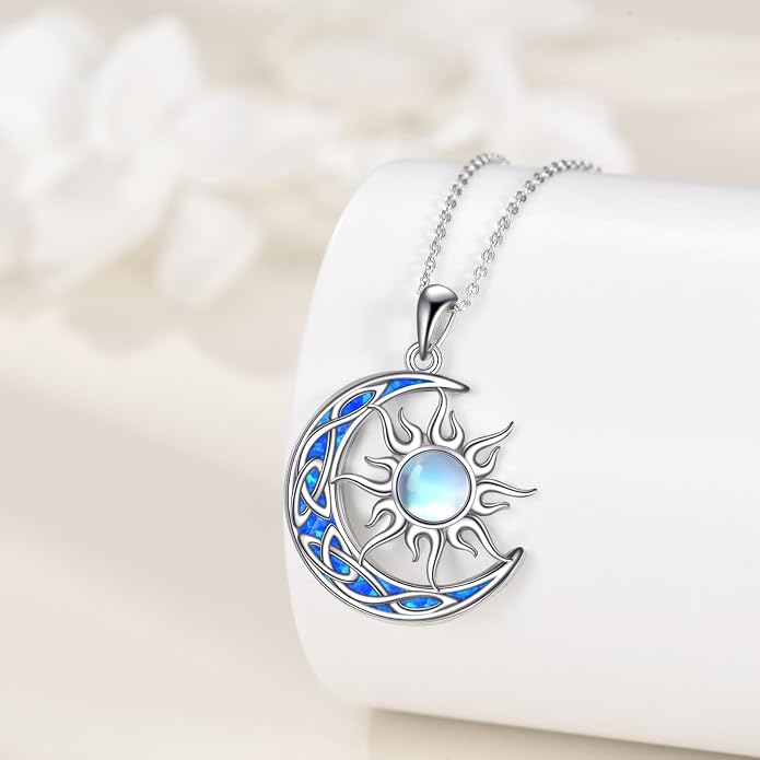 Sun and Moon Necklace for Women 925 Sterling Silver Celtic Crescent Moon Pendant Blue Opal/White Opal/Abelone Shell/Labradorite/Moonstone Jewelry Gift for Teen Girls
