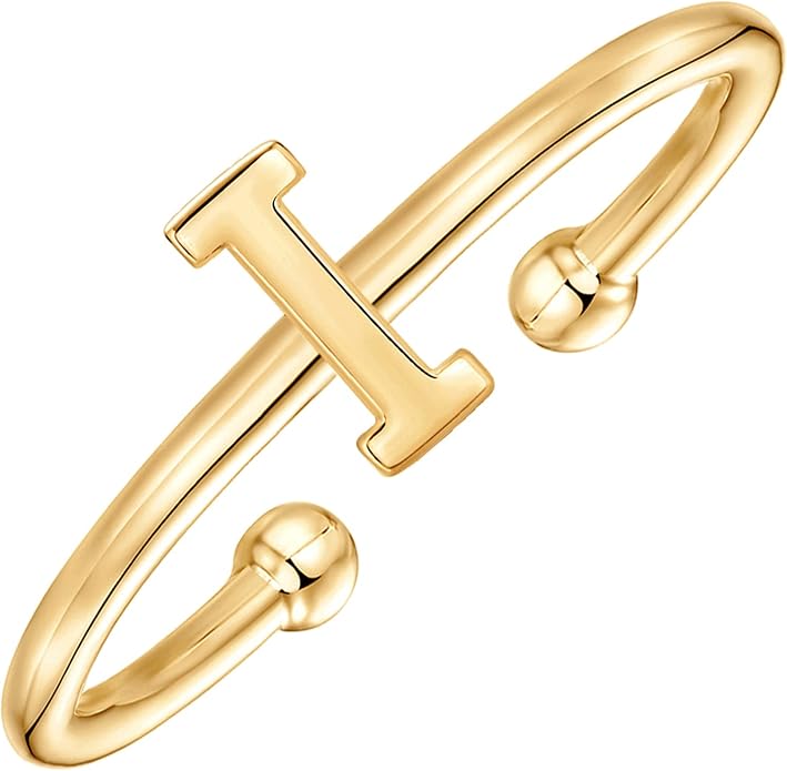 PAVOI 14K Gold Plated Initial Letter Adjustable Ring for Women - Thin Initial Band - Dainty Fashion Jewelry Gifts