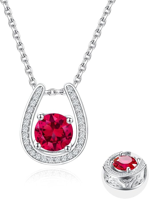 925 Sterling Silver Horseshoe Necklace for Women Round Gemstone Birthstone Necklace Sapphire/Emerald/Ruby/CZ Horse Shoe Pendant Necklaces Jewelry Gift