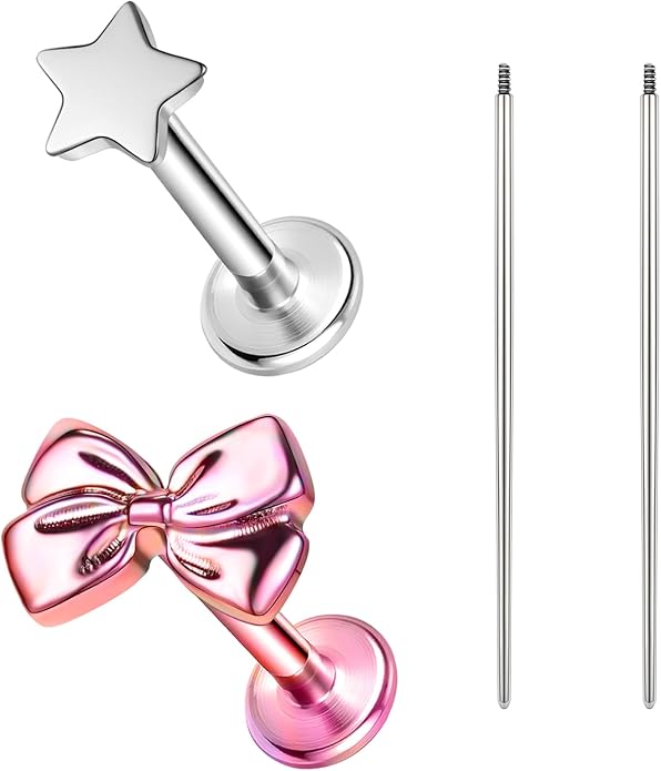 F136 Titanium Body Piercing Studs, Internally Threaded Star Lip Ring Bow Conch Tragus Stud, 16G Flat Back Cartilage Earring Studs with Piercing Taper
