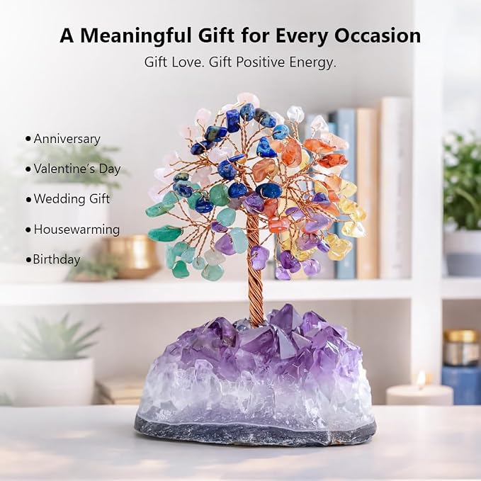 Crocon® 7 Chakra Crystals Tree of Life with Amethyst Cluster Base, Gift for Women Men Birthday Gifts MoM, Money Tree Feng Shui Good Luck Healing Crystals Home Decor Crystals and Healing Stones
