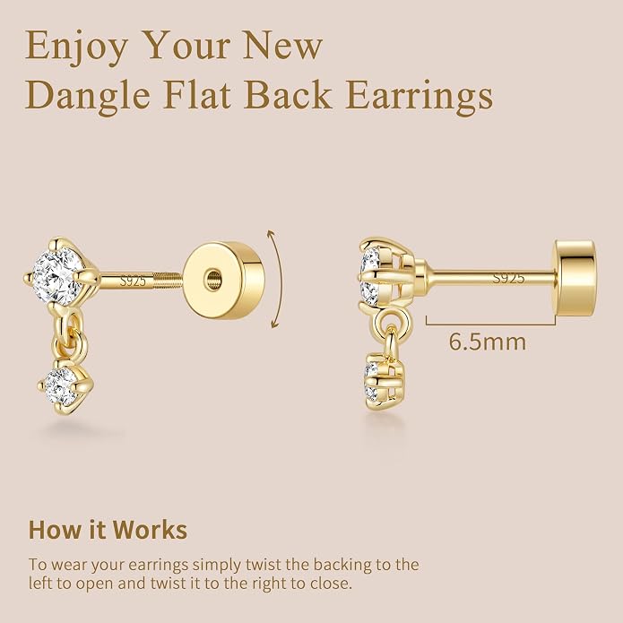 ASHINE 14K Gold Plated Dangle Flat Back Earrings | Sterling Silver Posts Dainty Double Stone Multi-Shape Earring | Tragus Cartilage Piercing Jewelry for Women