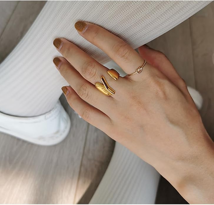 KeyStyle Bold Initial Letter Rings Adjustable, GoldChic Jewelry Women Gold Statement Ring Personalized Engraved Women’s Open Signet Ring for Party (Gold, White Gold, Black)