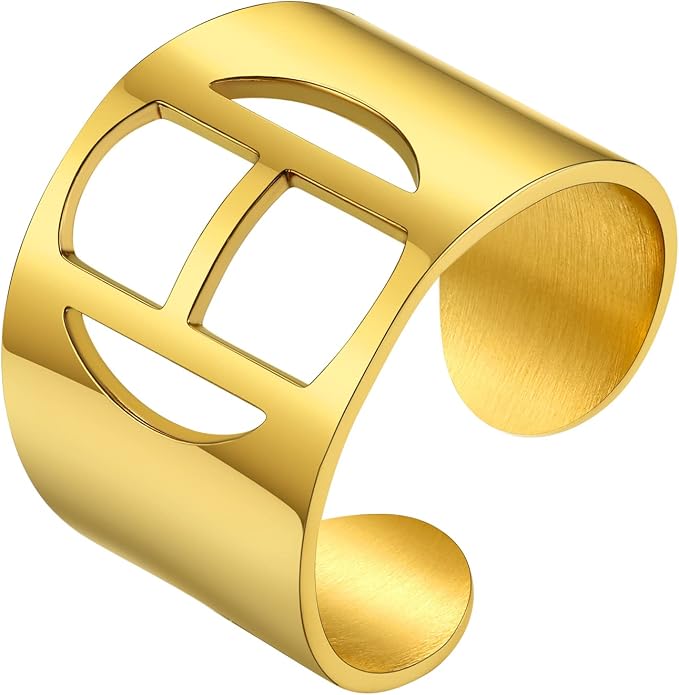 KeyStyle Bold Initial Letter Rings Adjustable, GoldChic Jewelry Women Gold Statement Ring Personalized Engraved Women’s Open Signet Ring for Party (Gold, White Gold, Black)