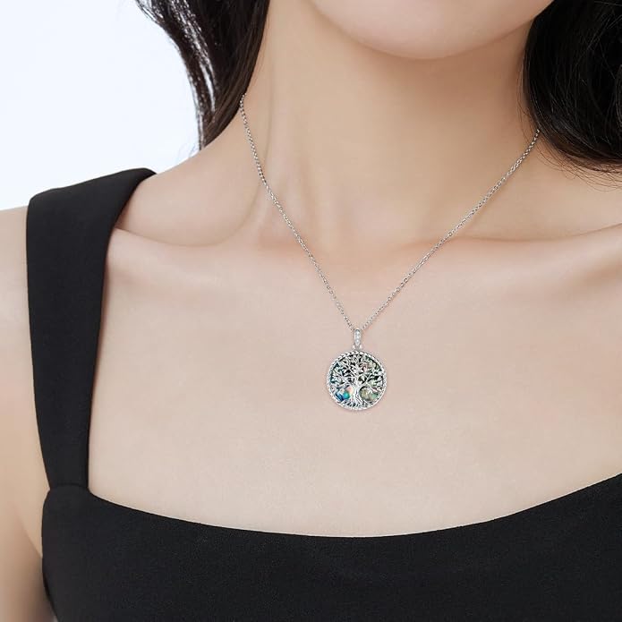 Tree of Life Moissanite Necklace, 925 Sterling Silver 0.5 Carat Moissanite Abalone Shell/Opal/Black Onyx/Turquoise/Malachite/Tiger Eye Stone Tree of Life Pendant Necklaces Jewelry Gift for Women Mom