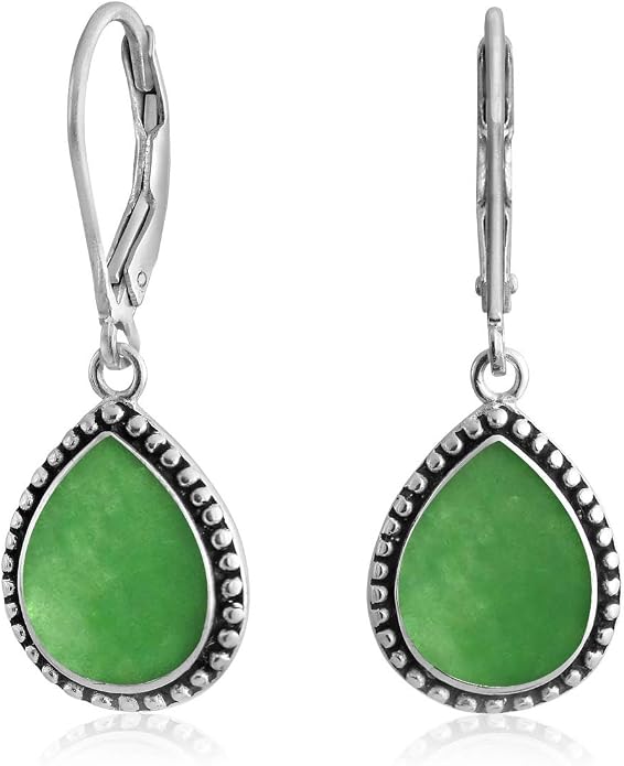 Bling Jewelry Boho Western Style Milgrain Setting Semi Precious Gemstones Lapis Turquoise Jade Onyx Quartz Pear Shaped Teardrop Lever Back Dangle Drop Earrings Teen Oxidized .925 Sterling Silver