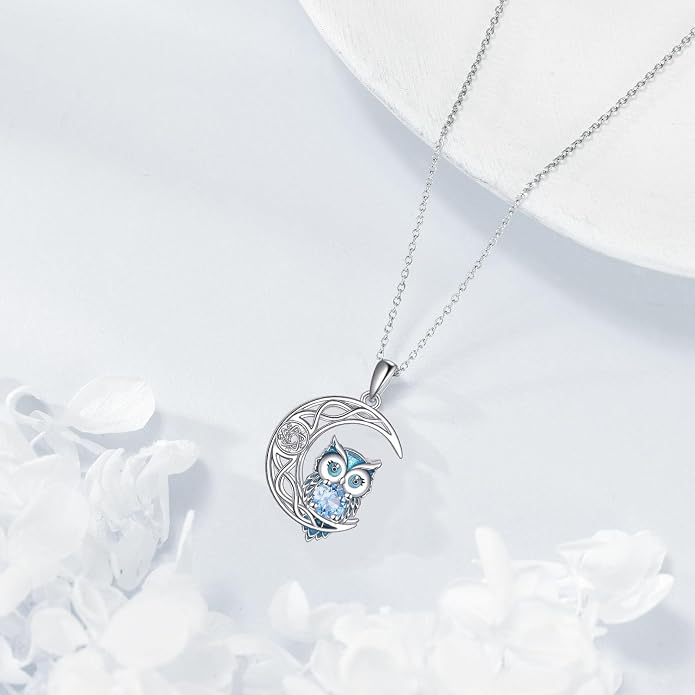 Owl Birthstone Necklace Sterling Silver Celtic Moon Pendant Cubic Zirconia Owls Jewelry Birthday Gifts for Women Men