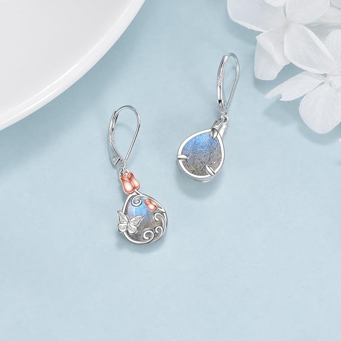 AOBOCO Teardrop Dangle Earrings for Women 925 Sterling Silver Moonstone Flower Filigree Leverback Jewelry Birthday