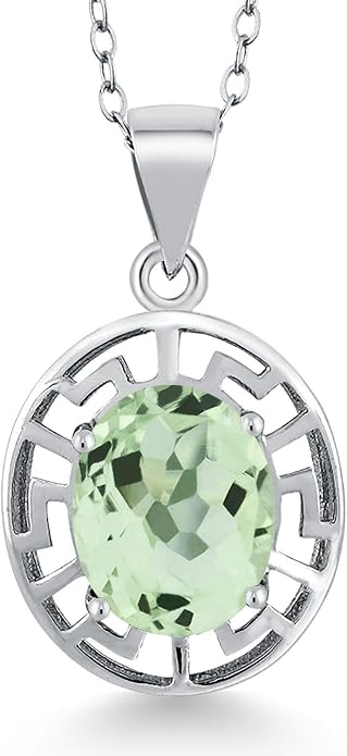 Gem Stone King 925 Sterling Silver 10X8MM Oval Gemstone Birthstone Necklace | Greek Key Pendant Necklace for Women | With 18 Inch Silver Chain