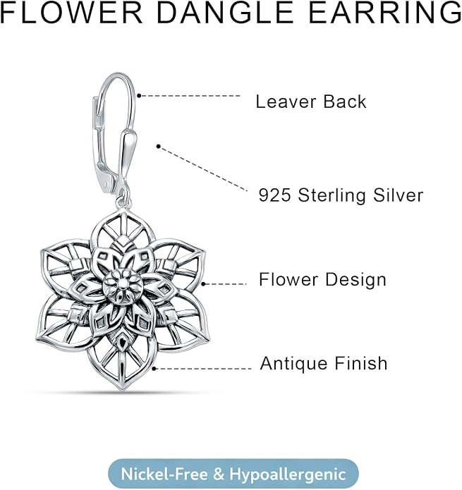LeCalla 925 Sterling Silver Antique Earrings for Women | Filigree Leverback Dangle Earring | Drop Dangle Earrings for Women | Oxidized Silver Jewelry for Her Mom Wife