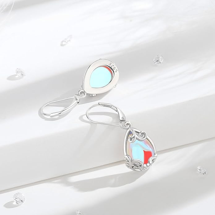 Vito 925 Sterling Silver Teardrop Earrings for Women, Moonstone Turquoise Drop Dangle Earrings Cat Snake Turtle Tree of Life Leverback Earrings Boho Jewelry Gift for Mom Wife