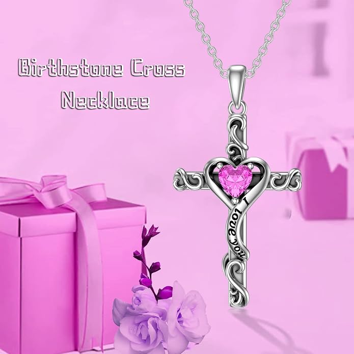 TOUPOP Cross Birthstone Necklace for Women 925 Sterling Silver Heart Cross Pendant I Love You Jewelry Anniversary Birthday Mothers Day Gifts for Mom Wife Her
