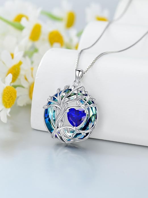 TOUPOP Tree of Life Birthstone Necklace Sterling Silver Pendant Birthstone Necklaces with Blue Crystal Anniversary Birthday Jewelry for Women Mom Wife Her