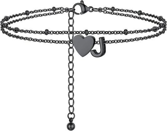 Initial Ankle Bracelets for Women, Dainty Stainless Steel Letter A-Z Layered Anklets, Heart Ankle Bracelet 8.5"-10.5" Adjustable, Summer Beach Jewelry, Come with Box