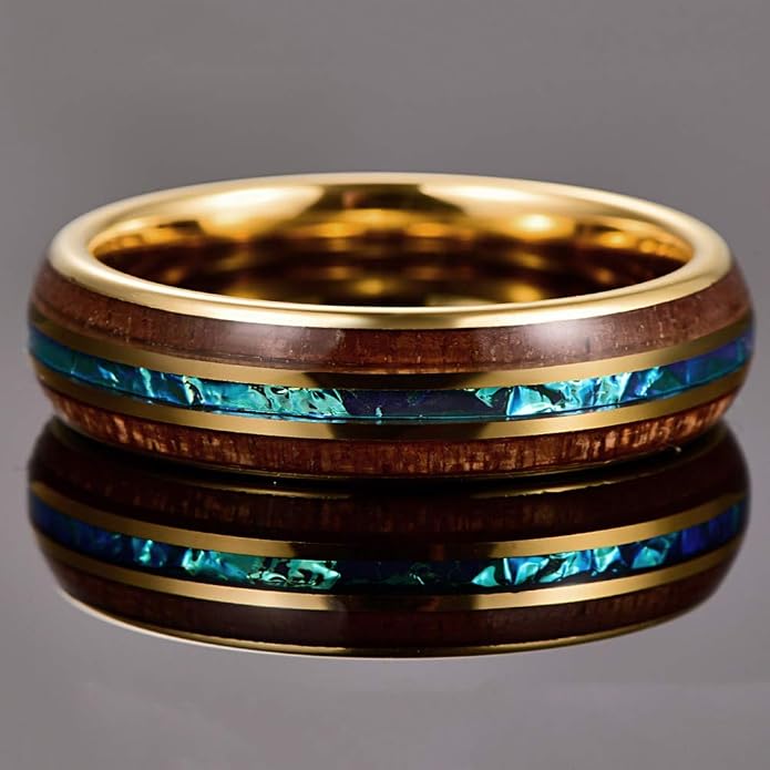 Vakki 6mm/8mm Tungsten Rings for Men Hawaiian Koa Wood Inlay Dome Abalone Shell/Blue Center Wedding Bands Comfort Fit Size 4 to 17
