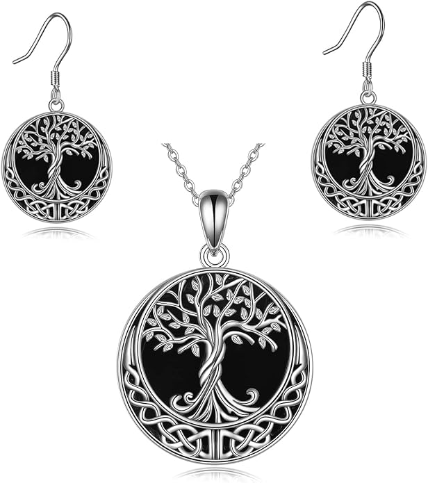 ONEFINITY Tree of Life Necklace/Earrings Sterling Silver Genuine Natural Black Onyx Jewelry Celtic Knot Family Tree Pendant Necklace for Women