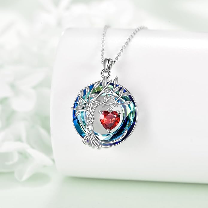 POPLYKE Mothers Day Gifts for Mom Her Wife Tree of Life Necklace 925 Sterling Silver Birthstone Pendant with Crystal Anniversary Birthday Wedding Jewelry for Women