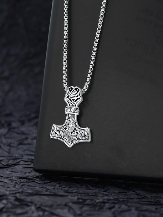 Viking Necklace for Men 925 Sterling Silver Viking Wolf/Thors Hammer/Vegvisir/Tree of Life/Compass Pendant Norse Necklace Amulet Talisman Christmas Gifts for Him Her