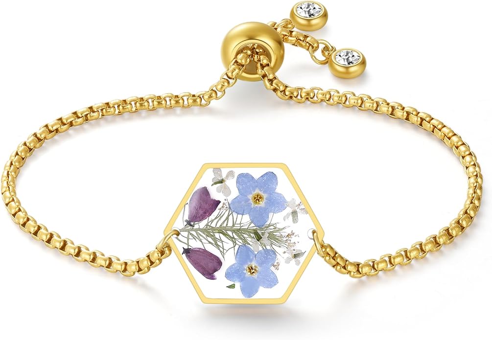 AUNTESIGN Forget-Me-Not Pressed Wildflower Bracelet | Pressed Flower Bracelet | Gold/Silver Pressed Flower Jewelry | Personalized Handmade Jewelry | Gift For Women