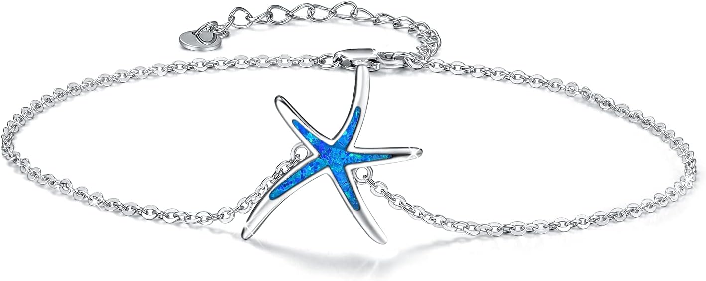 Cuoka Starfish Bracelet 925 Sterling Silver with White Fire Opal Chain Bracelets Ocean Jewelry Birthday For Women