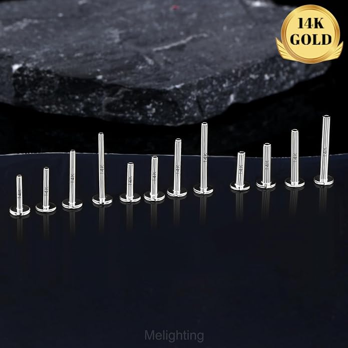 Melighting 14K Solid Gold Threadless Replacement, Gold Threadless Post Push in Flat Back, Labret, Nose, Helix, Conch, Tragus Cartilage Stud Earring 16G 18G 20G