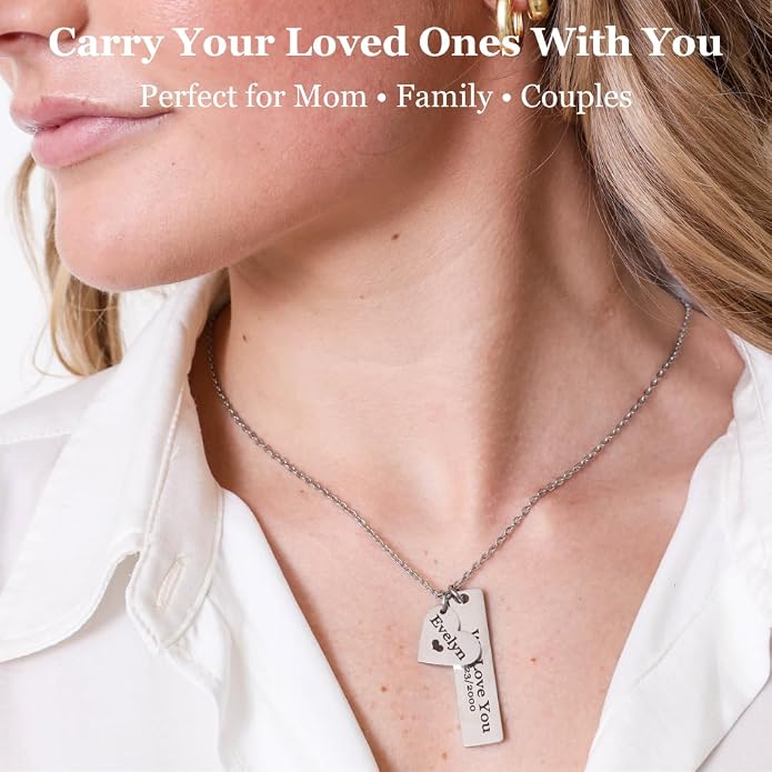 Custom Engraved 3D Vertical Pillar Bar Necklace – Personalized Name Pendant – 1 to 4 Sides – Non-Tarnish Stainless Steel – Gold/Silver – Adjustable Chain – Gift for Her, Mom/Dad With Kids Names