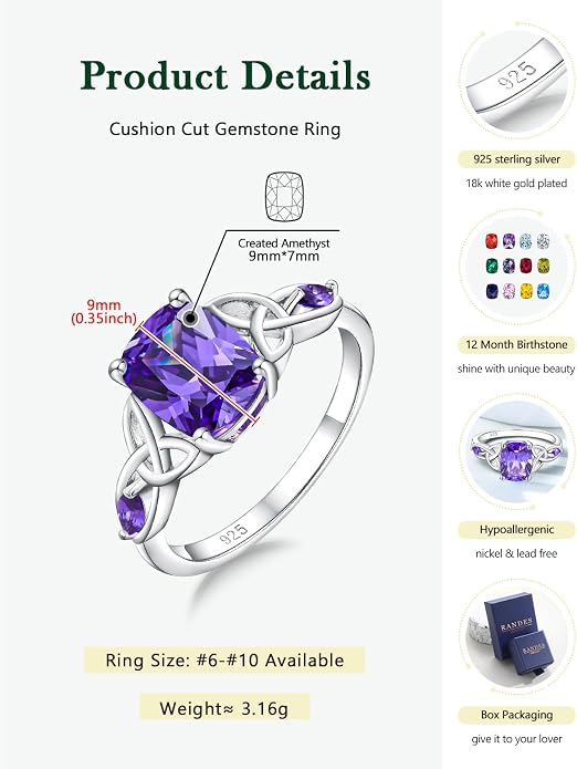 925 Sterling Silver Birthstone Rings for Women Cushion Cut Engagement Celtic Knot Ring Irish Jewelry Created Gemstone Anniversary Rings Size 6-10(with Box)