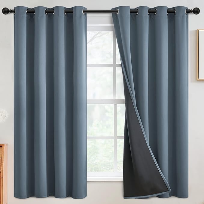 SimpleHome Stone Blue 100% Blackout Curtains Room Darkening Living Room 63L | Curtains for Bedroom,Thermal Insulated Grommet Window Drapes,Curtains for Living Room with Black Back,52 x 63 Inch,2 Panels