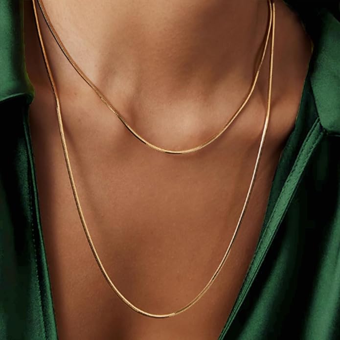 Gold Herringbone Necklace For Women - Rope Chork,Flat Snake Chain Necklaces in 18K Gold & White Gold Plated Tone - Simple Daily Jewelry-Tarnish Free-16-18in