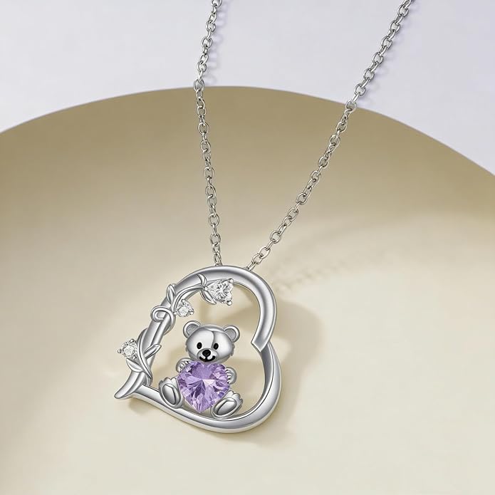 PELOVNY Teddy Bear Necklace for Women 925 Sterling Silver Bear/Highland Cow/Fox/Cat/Axolotl Birthstone Necklace Christmas Birthday Jewelry Gifts for Mom Daughter Wife Sister