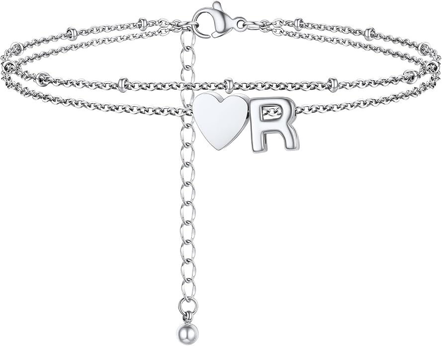 Initial Ankle Bracelets for Women, Dainty Stainless Steel Letter A-Z Layered Anklets, Heart Ankle Bracelet 8.5"-10.5" Adjustable, Summer Beach Jewelry, Come with Box