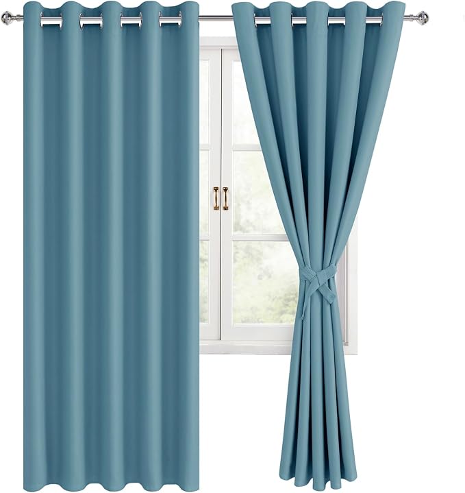 Hiasan Blackout Curtains for Bedroom, 60 x 63 Inches Length - Thermal Insulated & Noise reducing Window Curtains for Living Room, 2 Drape Panels Sewn with Tiebacks, Stone Blue