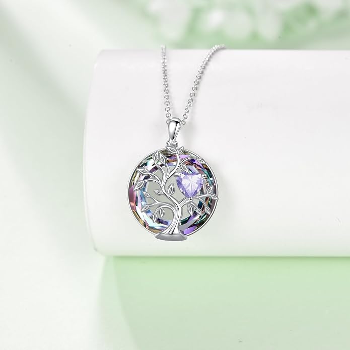 Tree Of Life Birthstone Necklace 925 Sterling Silver Crystal Family Tree Pendant Necklaces Heart Birthstone Jewelry For Women Female Anniversary Birthday Gifts