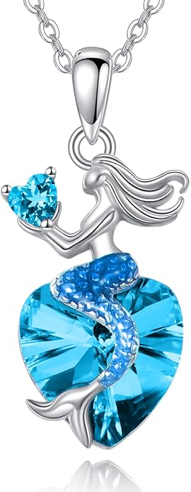 Mermaid Birthstone Necklace for Women 925 Sterling Silver Jewelry Austrian Crystal Pendant Christmas Gifts for Her
