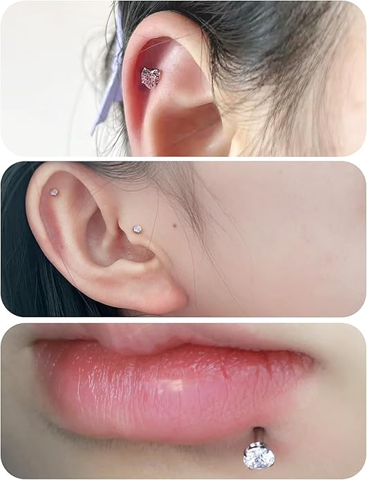 20G 18G 16G 14K Gold Filled Threadless Flat Back Earrings Studs Surgical Stainless Steel Opal CZ Nose Rings Studs Tragus Helix Conch Cartilage Earrings Piercing Jewelry For Women Men Silver