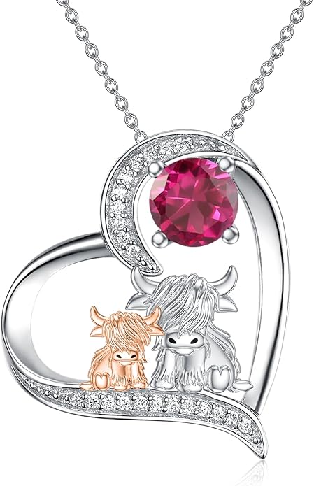 Highland Cow Gifts for Women 925 Sterling Silver Highland Cow Birthstone Necklace Fluffy Cow Jewelry Gifts Birthday Christmas