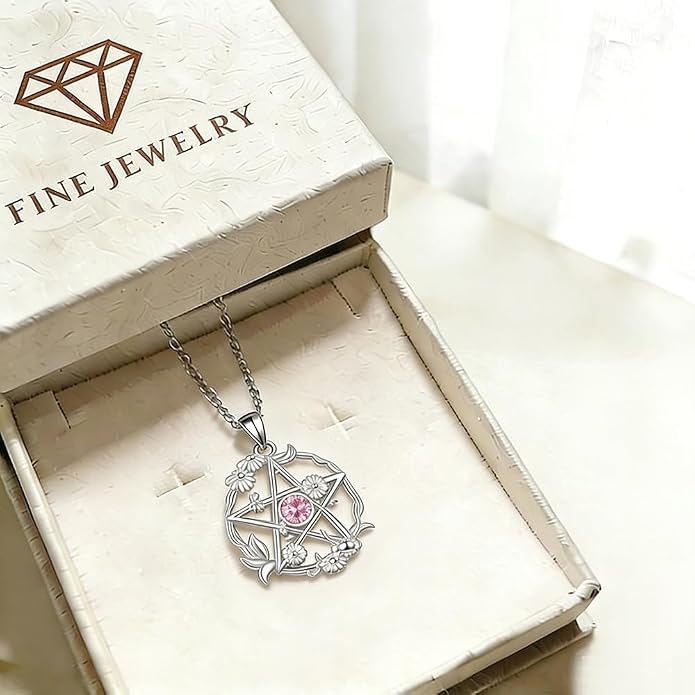 Birthstone Pentagram Necklace for Women 925 Sterling Silver Pentacle Daisy Pendant Pentacle Jewelry Birthday Gifts