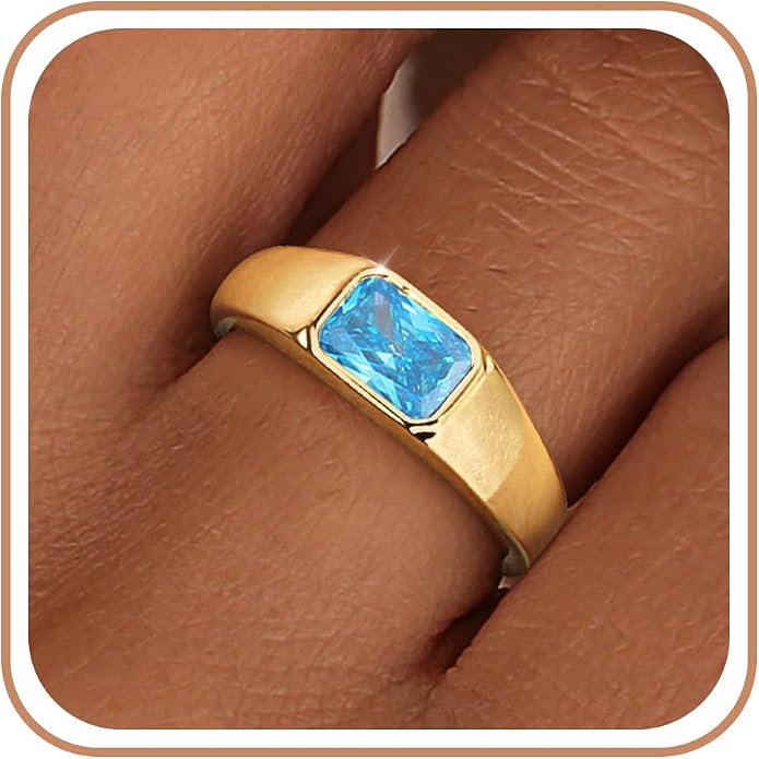 Birthstone Gold Rings for Women Non Tarnish 14K Gold Plated Chunky Emerald Rings Thumb Signet Statement Dainty CZ Band Ring Unique Waterproof Cute Jewelry Gift for Birthday Size 6-10