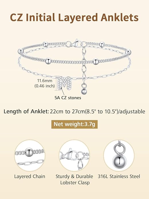FindChic Silver/14K Gold Plated Layered CZ Initial Ankle Bracelet for Women | Waterproof Stainless Steel, Cubic Zirconia Letter Charm, Non-Tarnish, Hypoallergenic, Adjustable Extender, Summer Jewelry