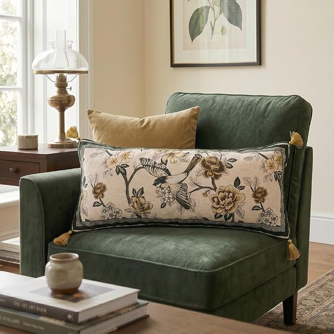 ISAENNE Vintage Elegant Linen Rectangle Throw Pillow Cover,28"x12"-Murad A | Designer French Decor Pillow Cover,Concealed Zipper Design,Floral and Bird Pattern,Sofa,Bedroom,Living Room,Lounge Chairs